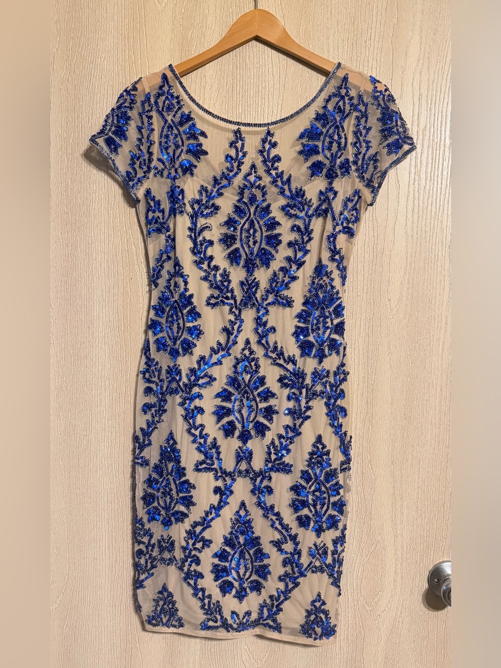 Adrianna Papell Nude Dress with Royal Blue Sequin Embroidery